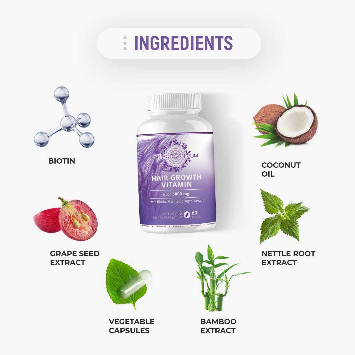 Hair Growth Vitamins with Biotin, Marine Collagen, Keratin. Supplement for Women & Men